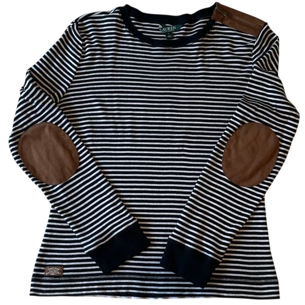 Lauren Ralph Lauren Striped Top Size L Faux Suede Elbow Patches Shoulder Zipper